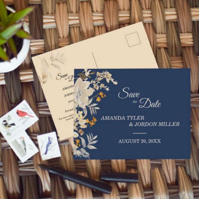 Cartão Postal De Anúncio Dusty Blue Autumn Boho Casamento Salve a Data (Criador carregado)