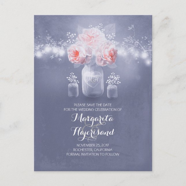 Cartão Postal De Anúncio Dusty Blue e Blush Salvem a Data (Frente)