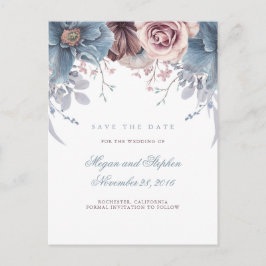 Cartão Postal De Anúncio Dusty Blue e Mauve Floral Salvar a Data