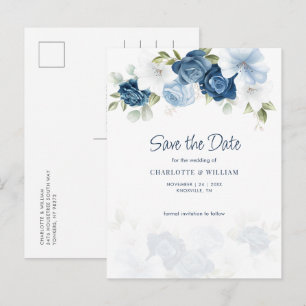 Cartão Postal De Anúncio Dusty Blue Floral Salvar a Data