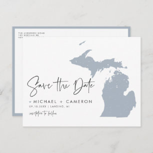 Cartão Postal De Anúncio Dusty Blue Michigan Map Código QR Salve a Data