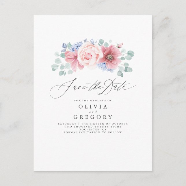 Cartão Postal De Anúncio Dusty Rose e Dusty Blue Floral Save the Date (Frente)