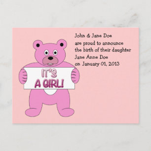 Cartão Postal De Anúncio É um Urso Rosa Menina