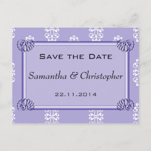 Cartão Postal De Anúncio Economias azuis violetas do casamento tema damasco