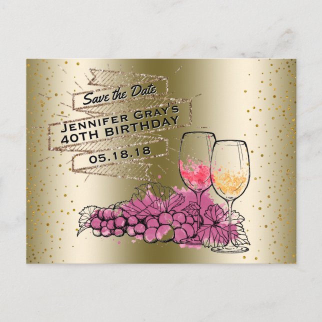 Cartão Postal De Anúncio Economias Dourados Glam do vinho o aniversário (Frente)