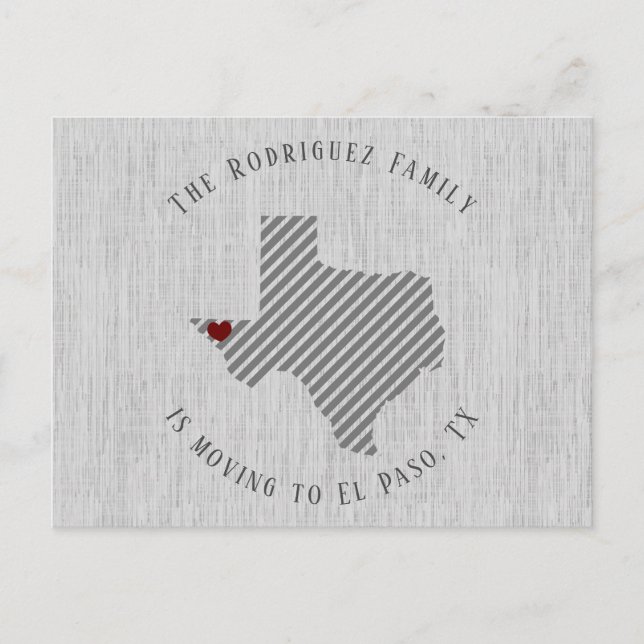 Cartão Postal De Anúncio El Paso Cinza Linen e Heart Texas Moving (Frente)
