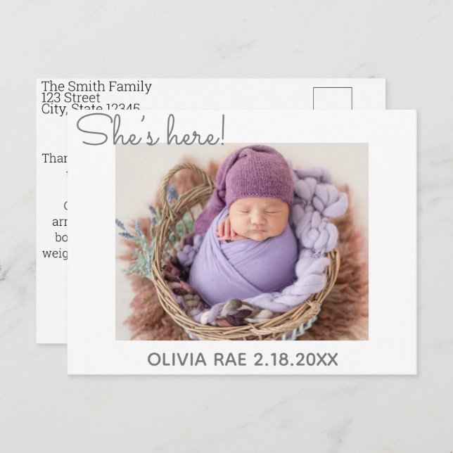 Cartão Postal De Anúncio Ela está aqui! Ele está aqui! Simples obrigado Mod (Frente/Verso)