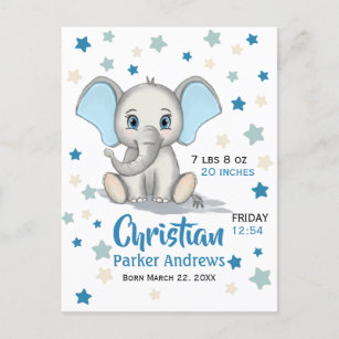 Cartão Postal De Anúncio Elefante-Bebê-Bonito com Nascentes-Garotos Azuis