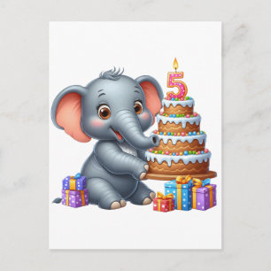 Cartão Postal De Anúncio Elefante Fofo Aniversário de 5 anos