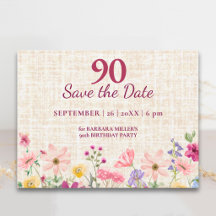 Elegant 90th Birthday Save the Date Linen Floral