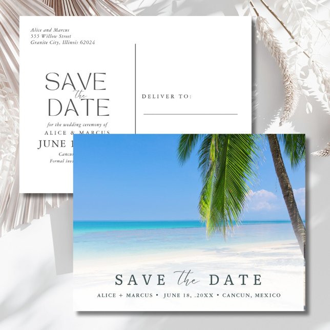Cartão Postal De Anúncio Elegant Beach Wedding Save the Date (Elegant Beach Wedding Save the Date Announcement Postcard)
