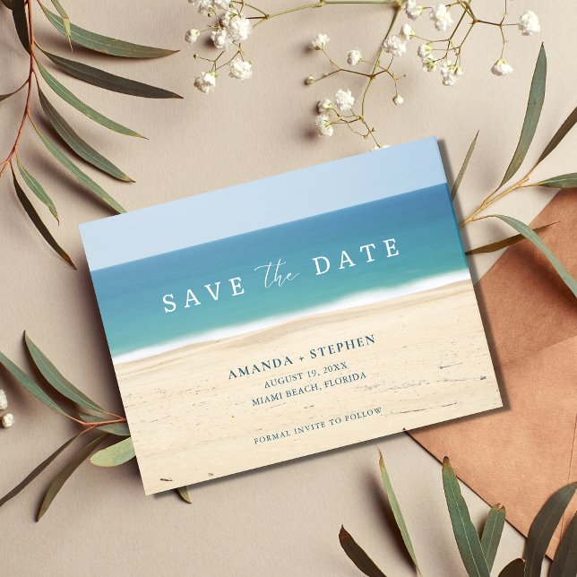 Cartão Postal De Anúncio Elegant Beach Wedding Save The Date (Criador carregado)