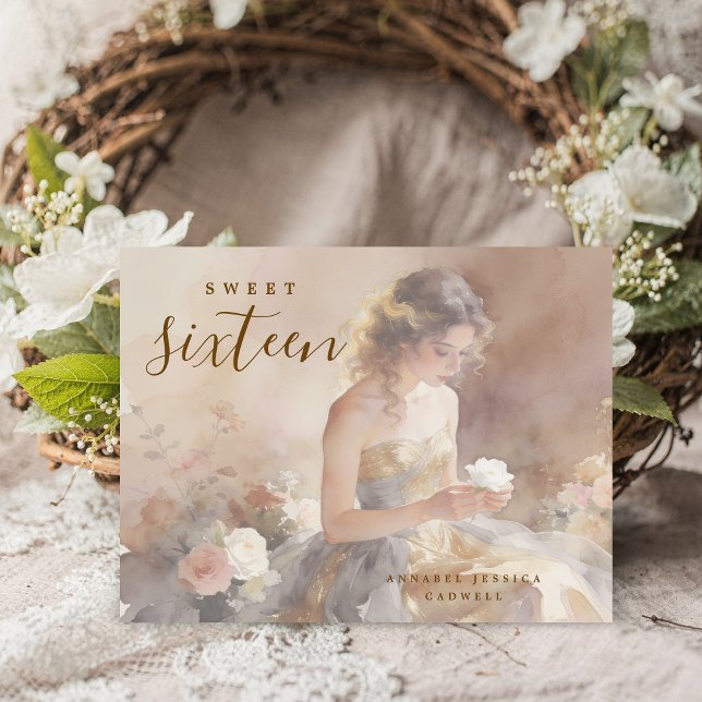 Cartão Postal De Anúncio Elegant & Lovely Floral Sweet Sixteen Birthday  (Delicate Pastel Watercolor Young Woman in Golden and Gray Strapless Dress Design.)