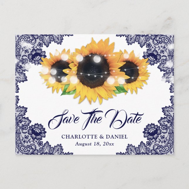 Cartão Postal De Anúncio Elegant Navy Blue Floral Lace Sunflower (Frente)