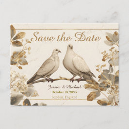 Cartão Postal De Anúncio Elegant Pair of Doves on a Branch with Gold Leaf