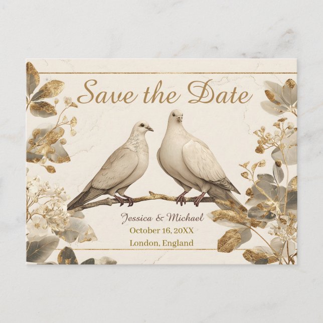 Cartão Postal De Anúncio Elegant Pair of Doves on a Branch with Gold Leaf (Frente)