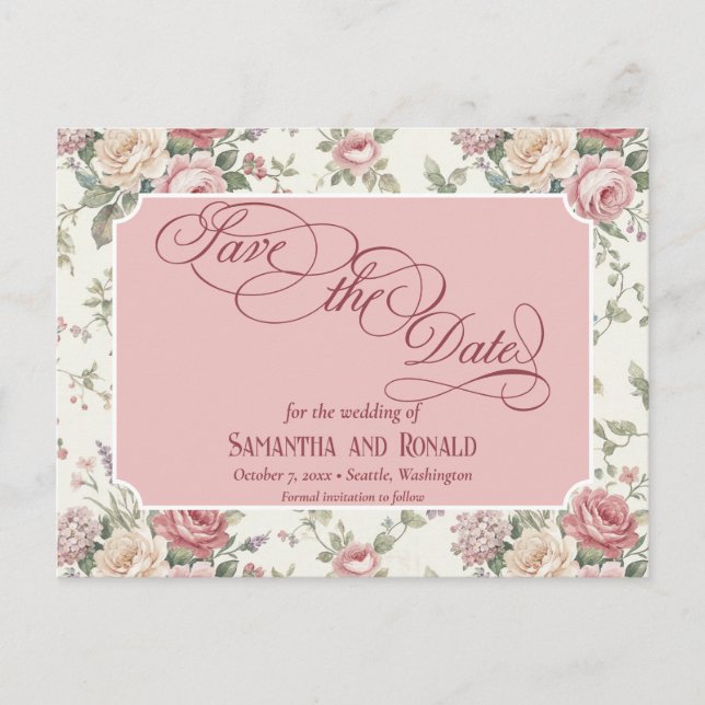 Cartão Postal De Anúncio Elegant Pastel Roses Shabby Chic Wedding (Frente)