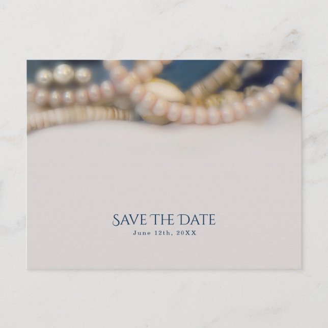 Cartão Postal De Anúncio Elegant Pearls & Sea Shells Beach Save the Date (Frente)