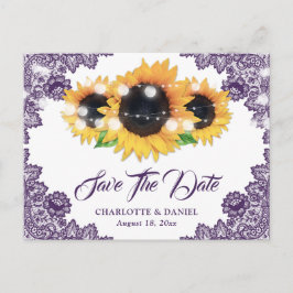 Cartão Postal De Anúncio Elegant Purple Floral Lace Sunflower Wedding