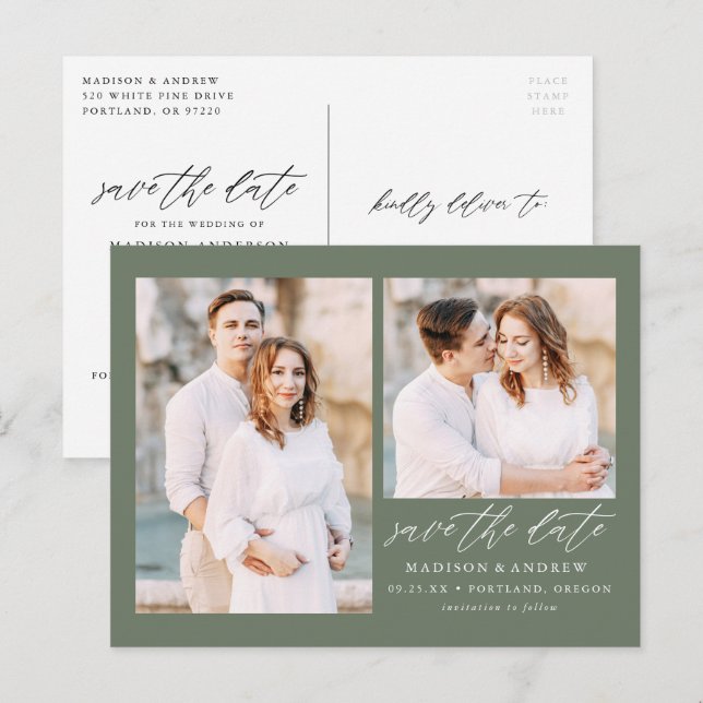 Cartão Postal De Anúncio Elegant Script Verde Sage 2 Foto Save the Date (Frente/Verso)