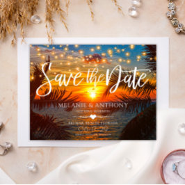 Cartão Postal De Anúncio Elegant String Lights Sunset Summer Beach Wedding