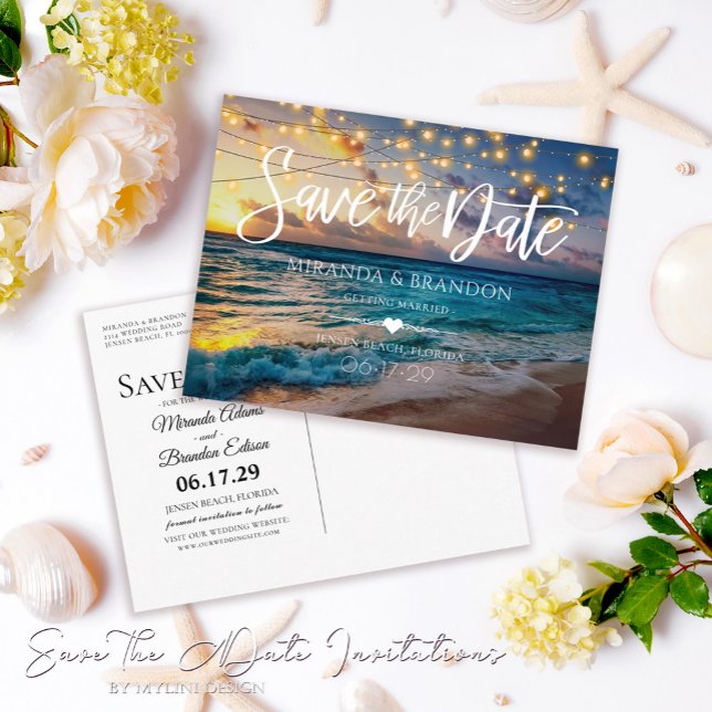 Cartão Postal De Anúncio Elegant Summer Sunset Beach Wedding Save the Date (Criador carregado)