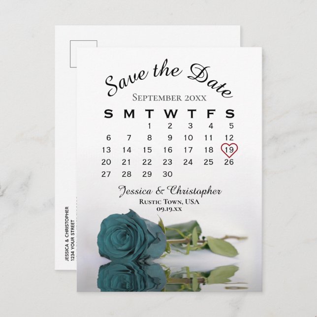 Cartão Postal De Anúncio Elegant Teal Rose Wedding Calendar Save the Date (Frente/Verso)