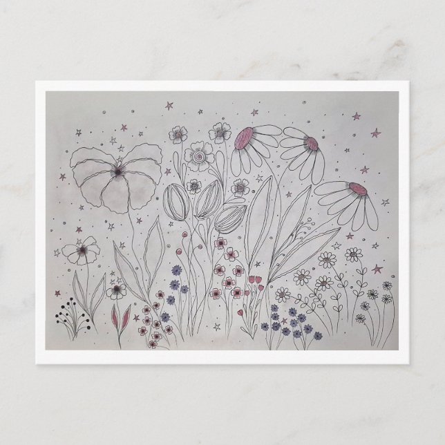 Cartão Postal De Anúncio Elegant Wildflower Meadow Line Art (Frente)