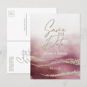 Cartão Postal De Anúncio Elegante Aquarela em Borgonha e Dourado Save the D