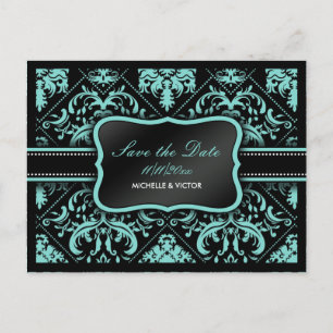 Cartão Postal De Anúncio Elegante Azul Água e Preto Save the Date de Damasc