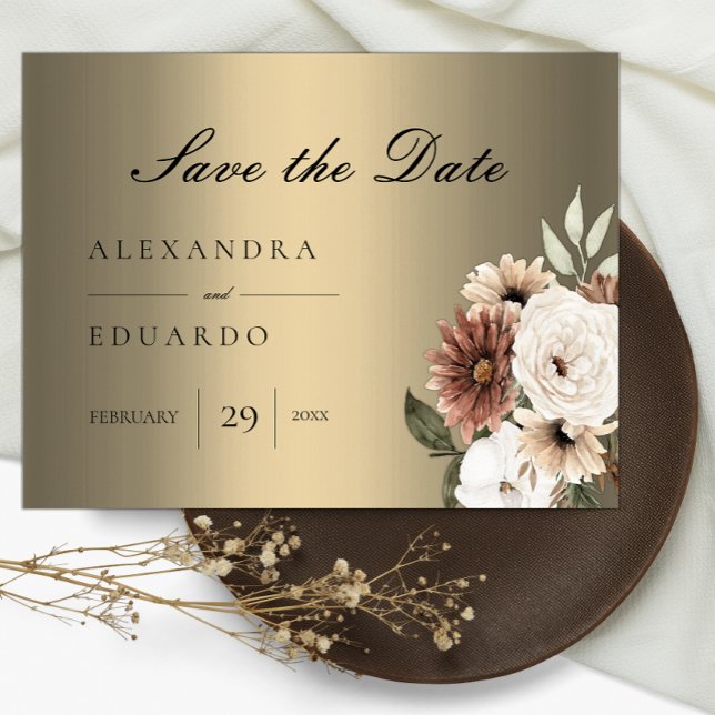Cartão Postal De Anúncio Elegante Boho Floral Dourado Casamento (Criador carregado)