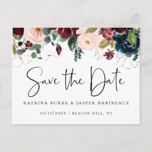 Cartão Postal De Anúncio Elegante Burgundy Bege Naval Save the Date
