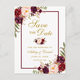 Cartão Postal De Anúncio Elegante Burgundy Floral Dourado Guarde a Data