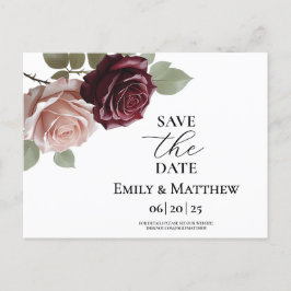 Cartão Postal De Anúncio Elegante Burgundy Rosa Casamento Salve A Data