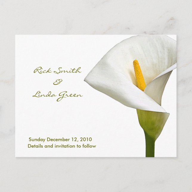 Cartão Postal De Anúncio Elegante Cala Lily - Salve a Data branco (Frente)