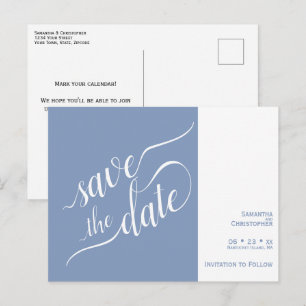 Cartão Postal De Anúncio Elegante Caligrafia Azul Casamento Salve a Data