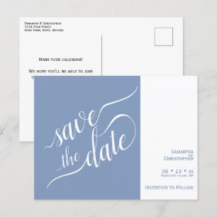 Cartão Postal De Anúncio Elegante Caligrafia Azul Salve o Data de Casamento
