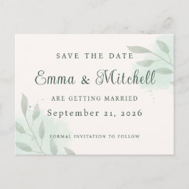 Cartão Postal De Anúncio Elegante cartão de Save the Date botânico em verde