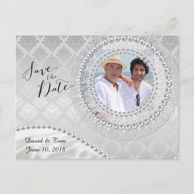 Cartão Postal De Anúncio Elegante Casamento Gay Prata Save the Date (Frente)