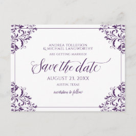 Cartão Postal De Anúncio Elegante Casamento Salve a Data Vintage Ameixa