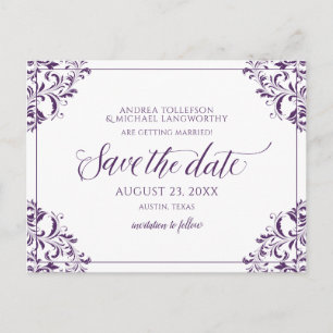 Cartão Postal De Anúncio Elegante Casamento Salve a Data Vintage Ameixa