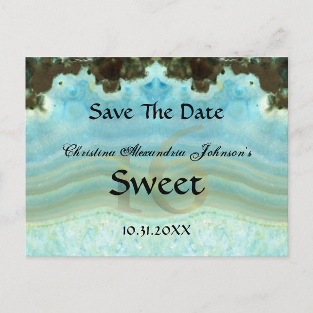 Cartão Postal De Anúncio Elegante Crystal Blue Sweet 16 Salve A Data (Frente)