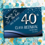 Cartão Postal De Anúncio Elegante de Reunião de 40 Classes Azul<br><div class="desc">Salve os cartões postais de reunião de segundo grau ou Classe. Tema azul com folha falsa prata 40º com texto em branco. Todo o texto é personalizável,  exceto o 40,  e pode ser alterado para as necessidades do seu próprio partido. Também se encontram cartazes de classe no meu compro.</div>