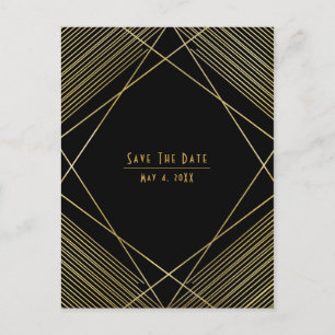 Cartão Postal De Anúncio Elegante Deco Moderno Dourado e Preto Save the Dat
