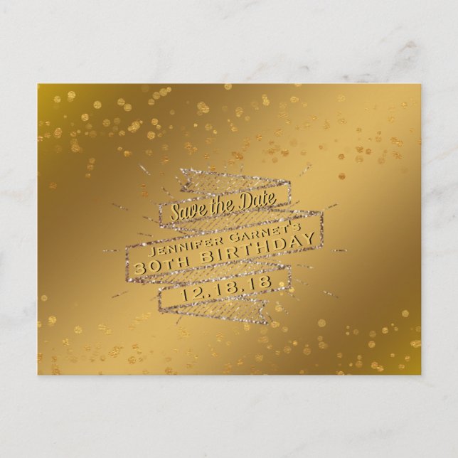Cartão Postal De Anúncio Elegante Dourado Aniversário Salvar a Data (Frente)