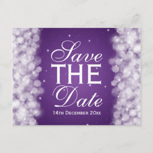 Cartão Postal De Anúncio Elegante Festa de Salve a Data Brilho Roxo
