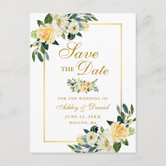 Cartão Postal De Anúncio Elegante Flor de Ouro Amarelo Save the Date (Frente)