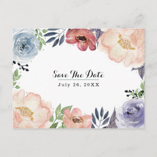Cartão Postal De Anúncio Elegante Floral Aquarela Moderno Salve a Data