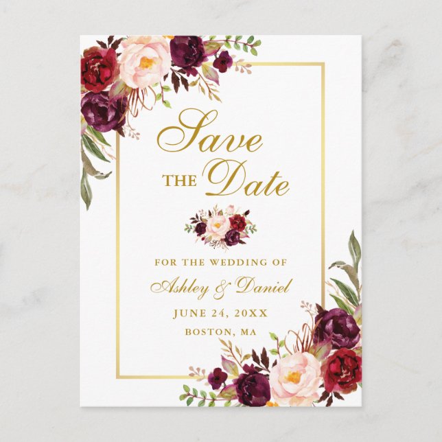 Cartão Postal De Anúncio Elegante Floral Burgundy Save the Date Dourado (Frente)