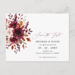 Cartão Postal De Anúncio Elegante Floral de Outono em Burgundy Save the Dat